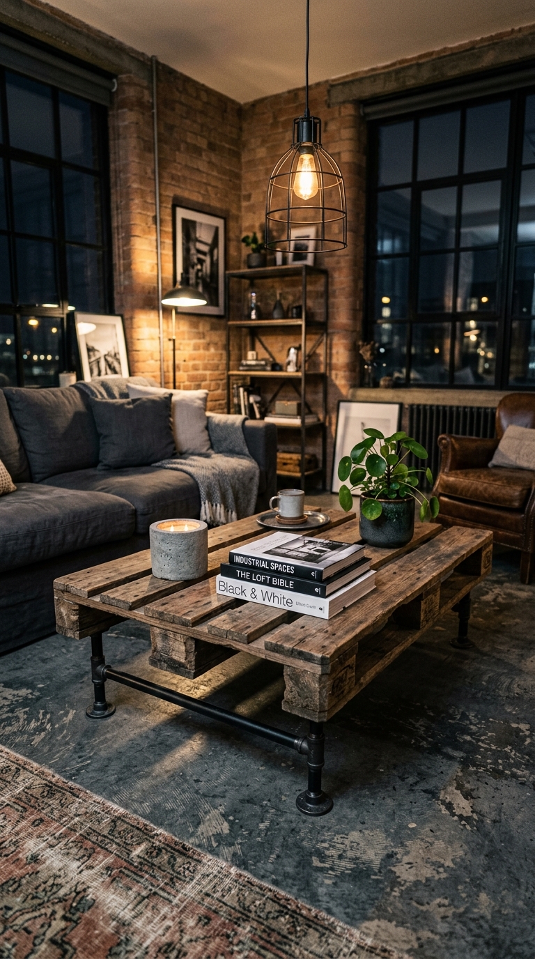Industrial style DIY pallet coffee table with black metal pipe legs, styled with a concrete candle and photography books in a loft living room