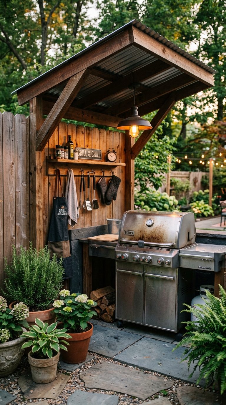 DIY industrial pipe and reclaimed wood outdoor grill station on a concrete patio with Edison string lights