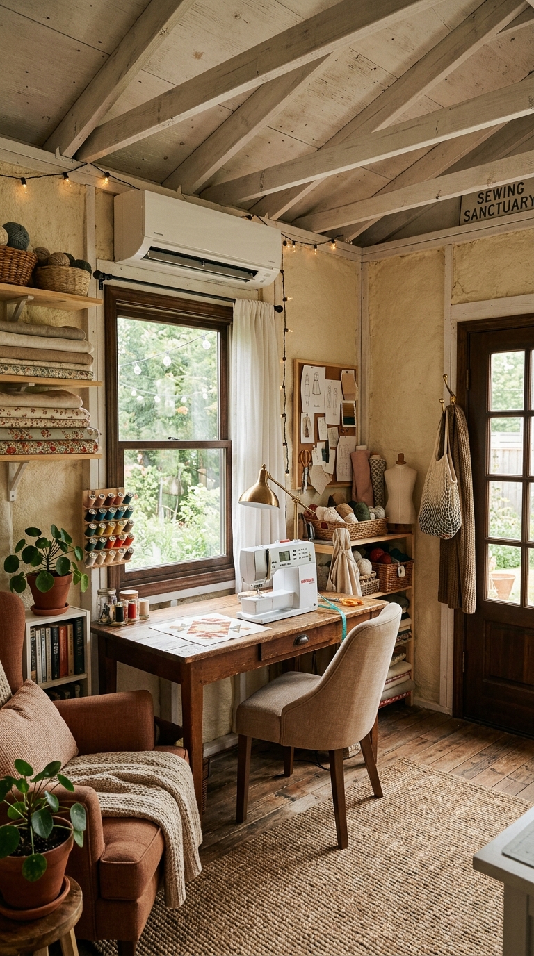Insulated sewing she shed idea for comfortable year-round use