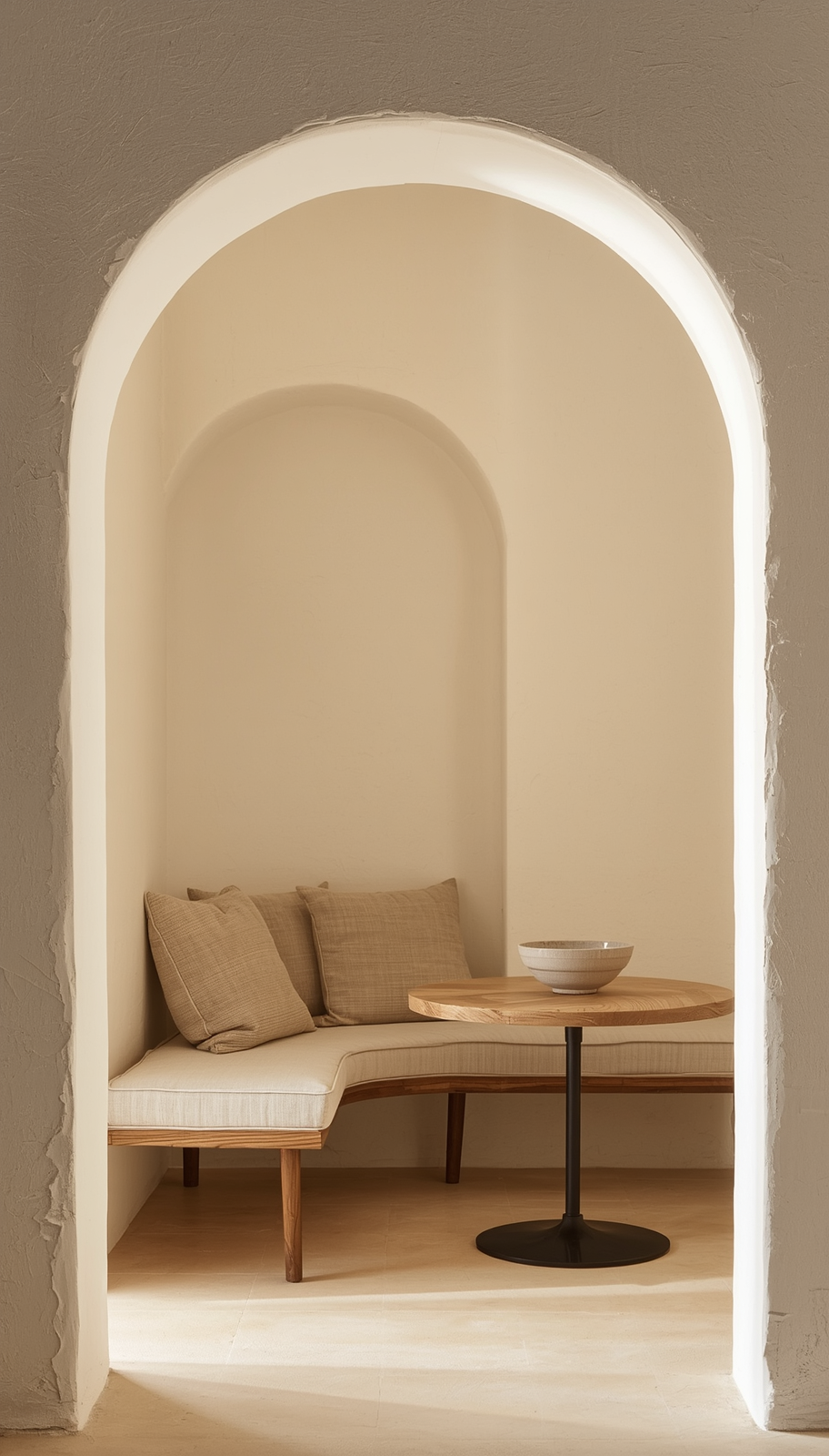 Japandi breakfast nook inside a warm white plastered arched alcove with wood bench and linen cushion