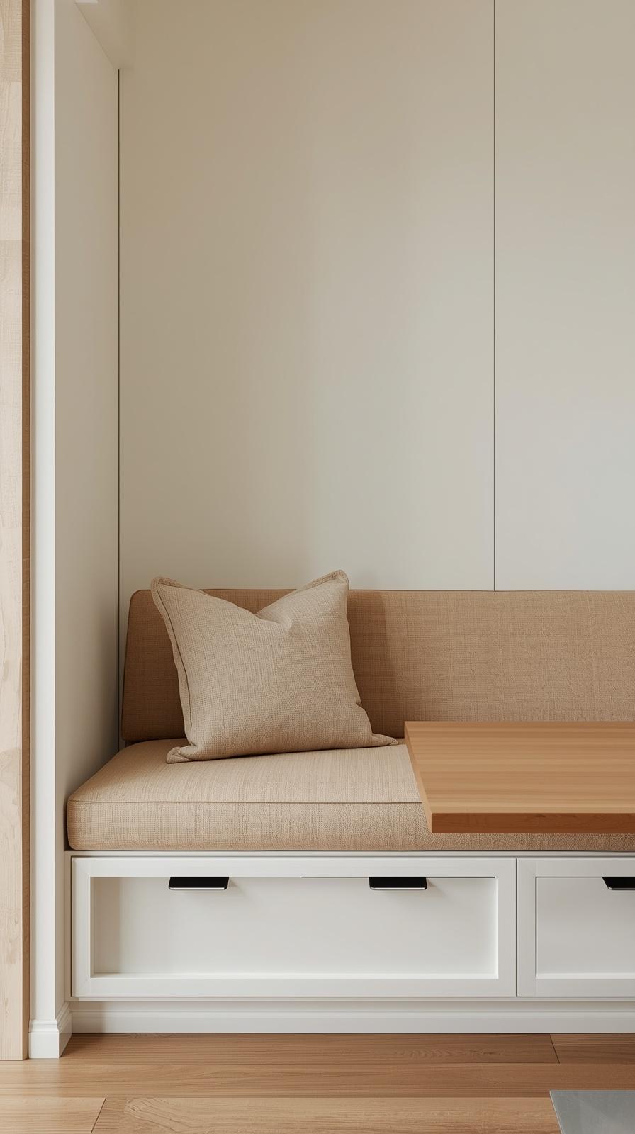 Clean Japandi built-in banquette with hidden storage in warm white tones and linen cushion