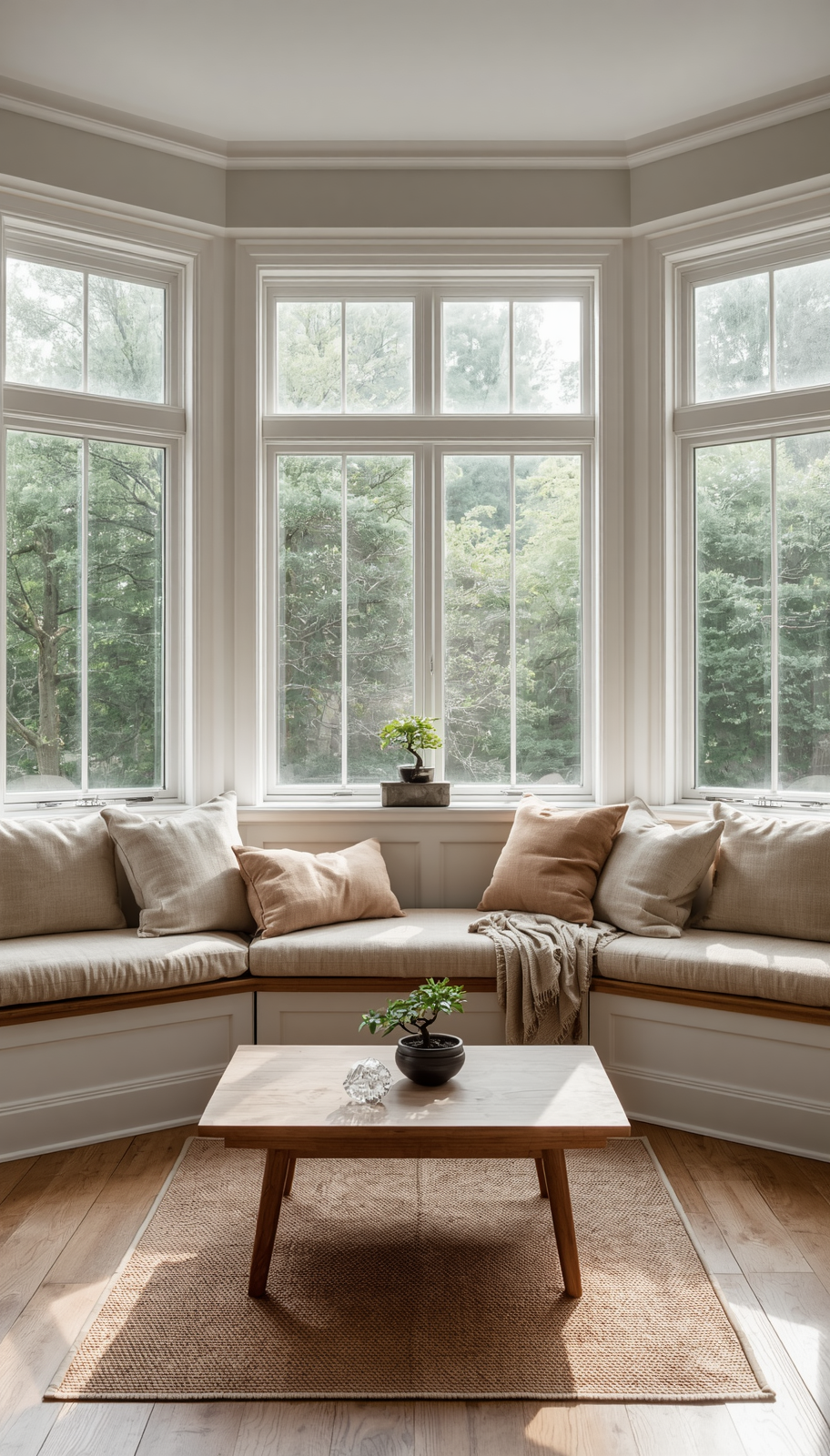 Japandi breakfast nook in a bay window with custom wood bench, linen cushions, and bonsai plant