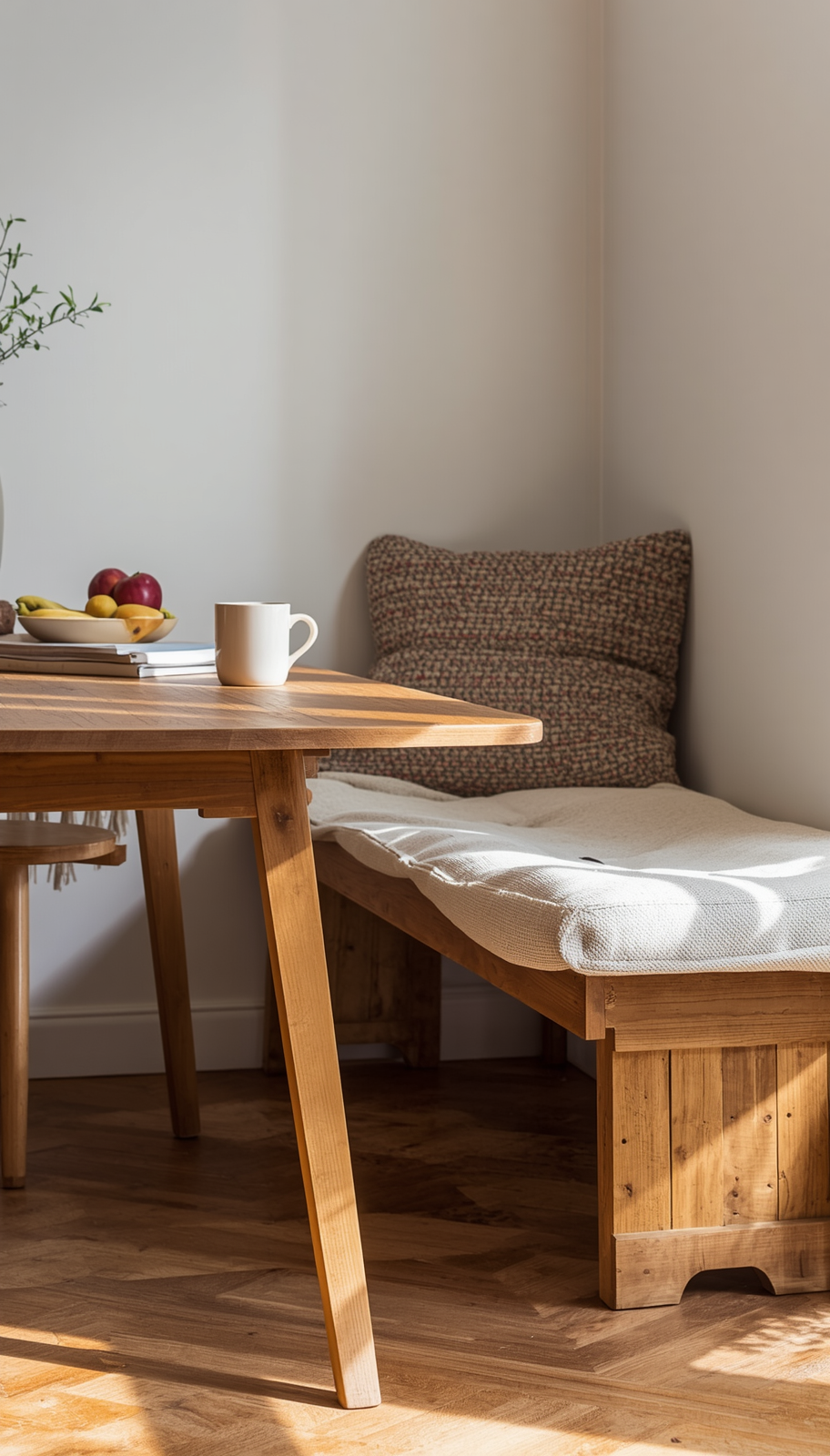 Budget Japandi breakfast nook with IKEA wood table and thrifted bench in warm minimal space