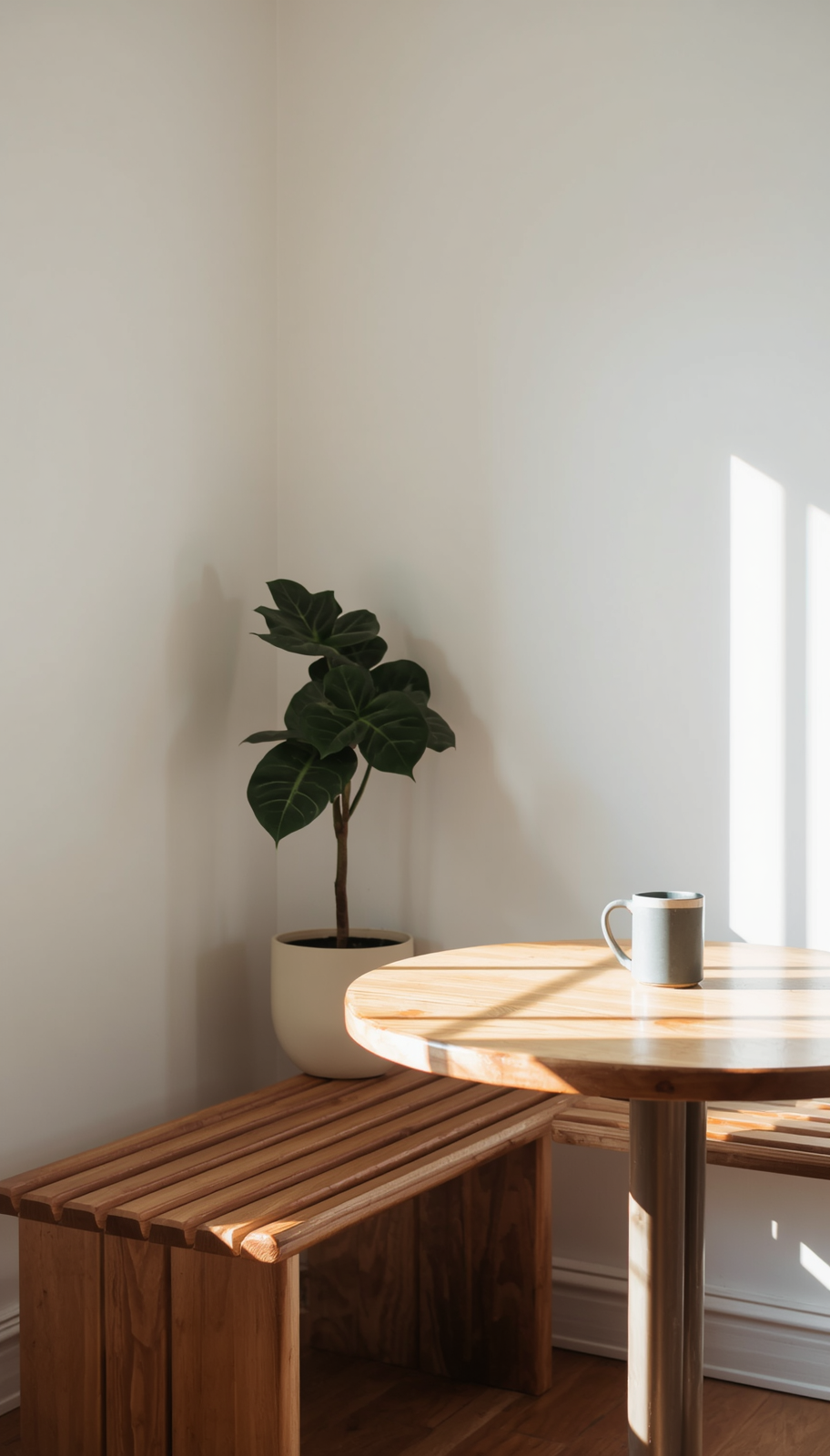 Japandi breakfast nook with single fiddle leaf fig in ceramic pot and minimal wood furniture