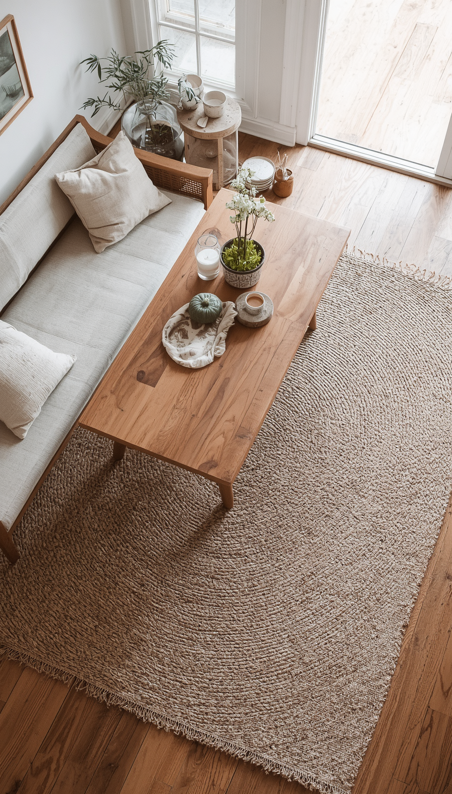 Japandi breakfast nook anchored with natural jute rug on warm wood floor in open-plan space