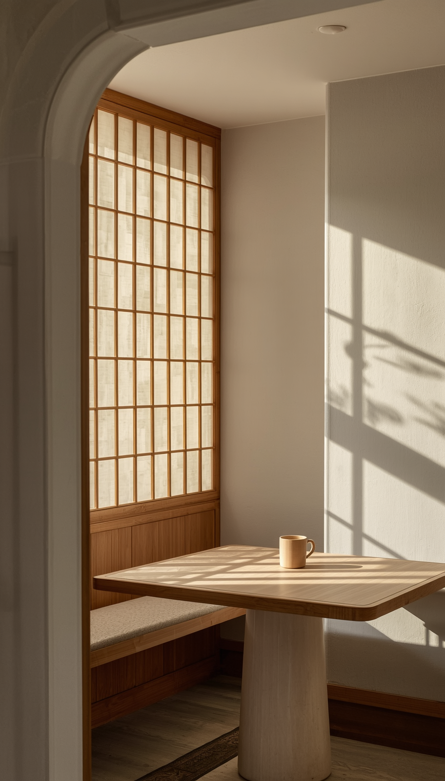 Japandi breakfast nook with partial shoji rice paper screen and natural wood bench in soft morning light