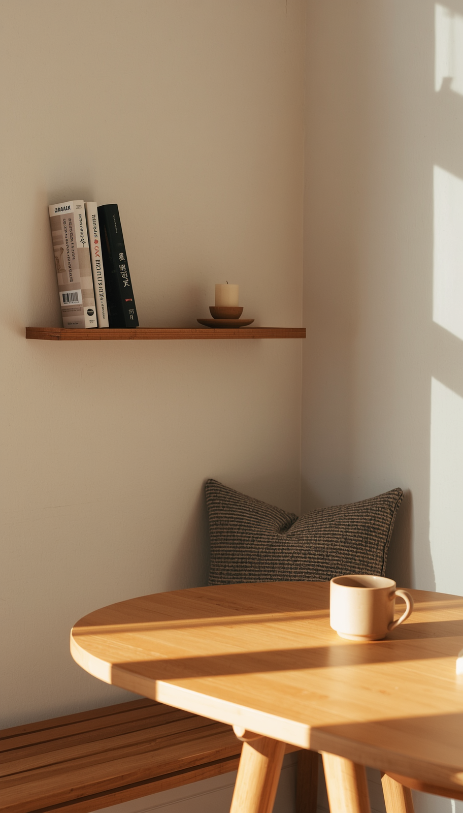 Japandi breakfast nook with floating shelf, books, beeswax candle, and ceramic mug for a slow morning ritual