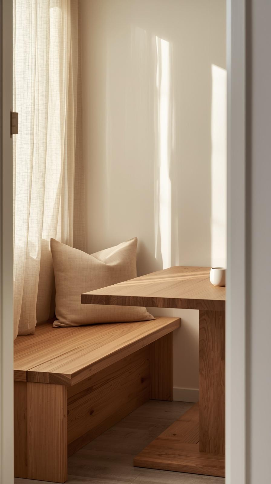 Japandi breakfast nook with built-in raw oak bench and minimal dining table in warm neutral tones