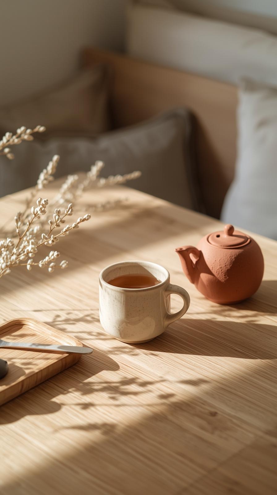 Japandi breakfast nook styled with artisan ceramic tableware in earthy tones on a natural wood table