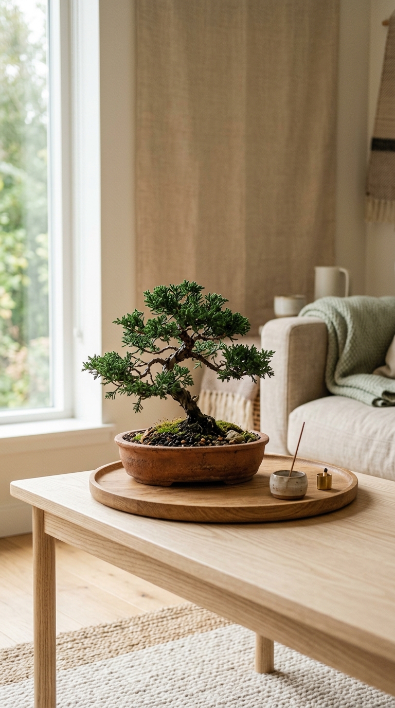 Small bonsai plant on Japandi coffee table in terracotta pot with wooden tray and minimal decor