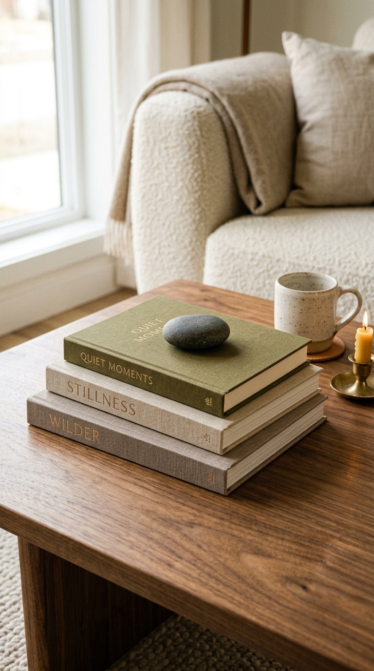Japandi coffee table book stack with linen-covered spines and river stone on top in earthy tones