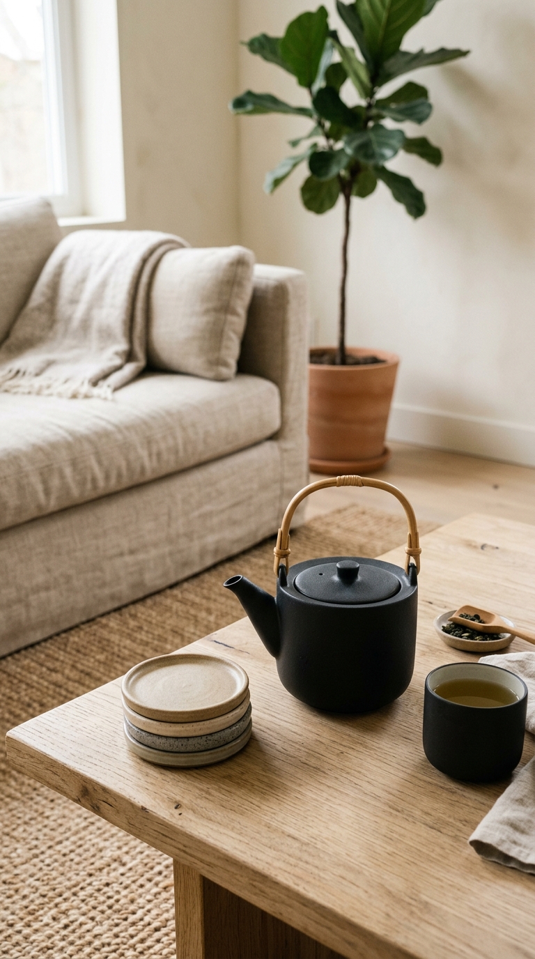 Dark walnut Japandi coffee table with matching wood tray and decor in one consistent wood tone