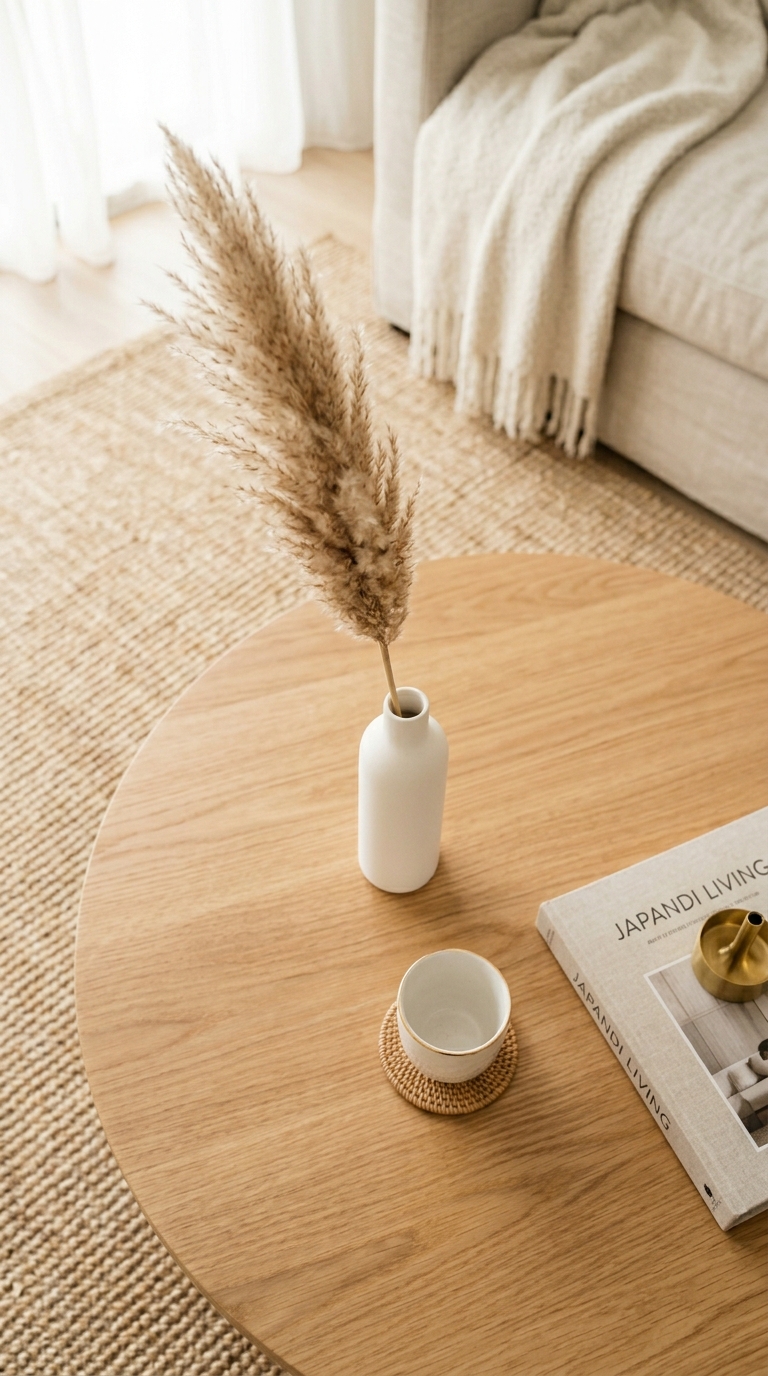 Single dried pampas stem in slim ceramic bud vase on Japandi coffee table minimal styling