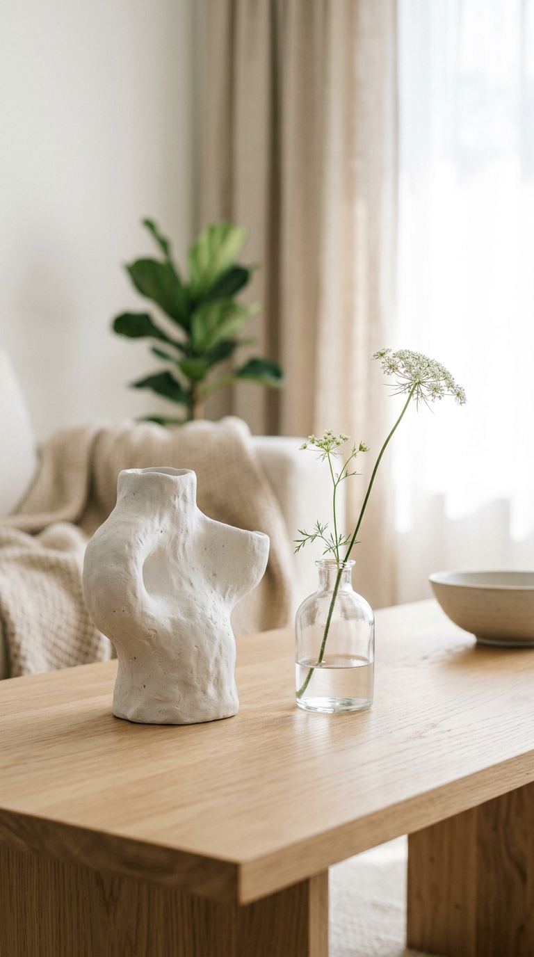 Perfectly minimal Japandi coffee table with tray ceramic vase and dried stem after final styling edit