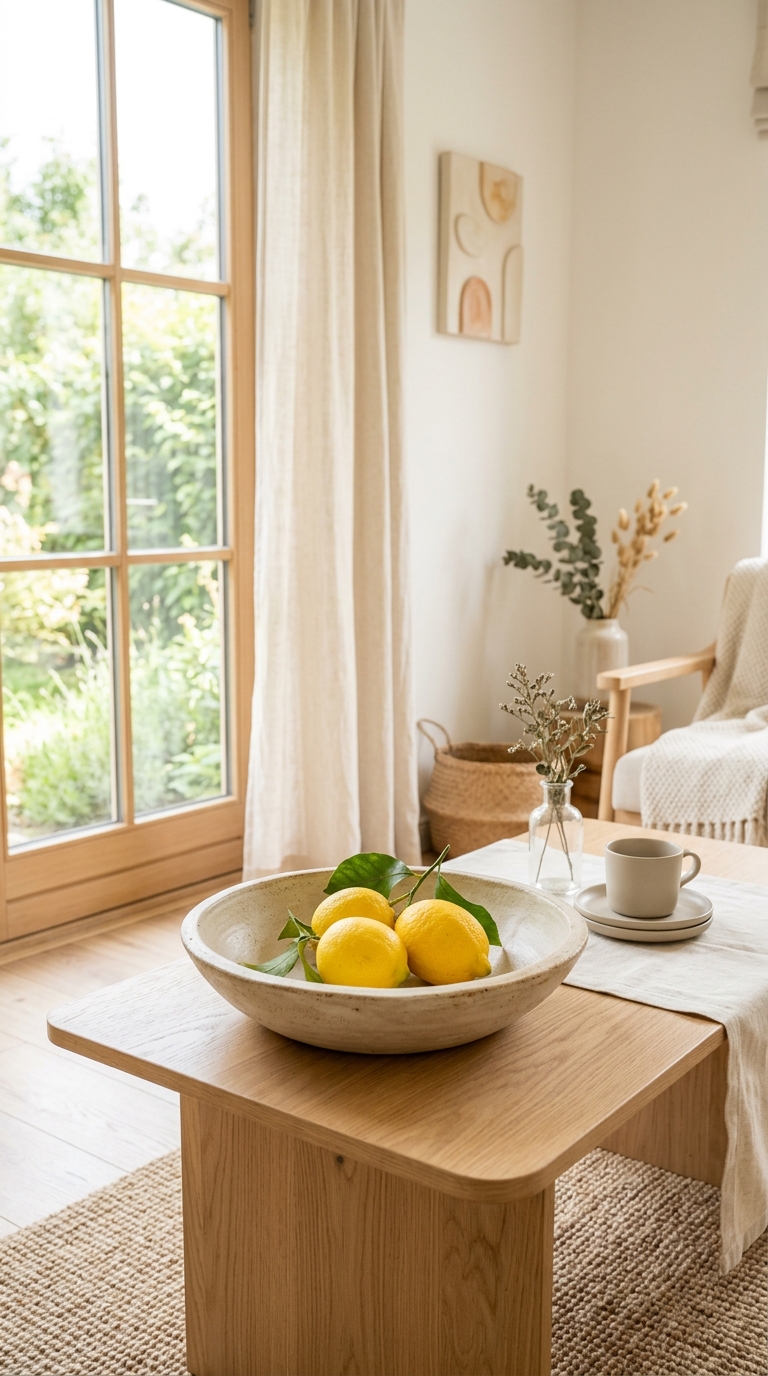 Wide clay bowl with fresh yellow lemons on Japandi coffee table, natural minimal styling