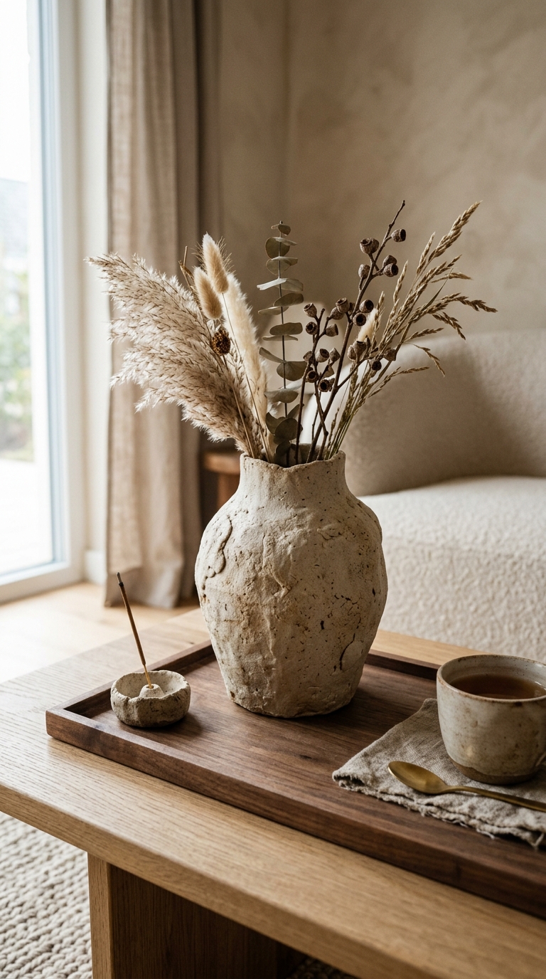Handmade matte ceramic vase on Japandi coffee table with soft lighting and earthy minimal decor