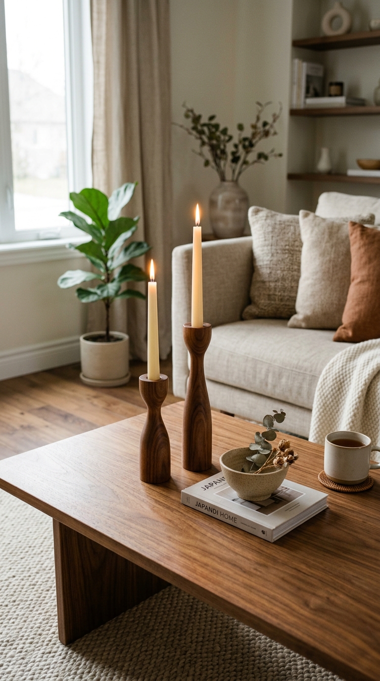 Japandi coffee table with three-level height variation — low tray, mid books, tall vase styling