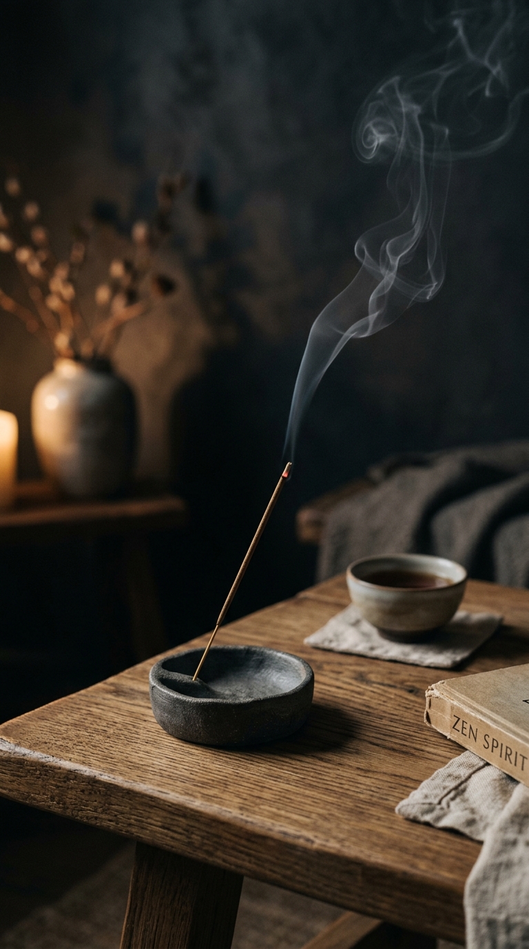 Minimal ceramic incense holder on Japandi coffee table with smoke wisp zen atmosphere styling