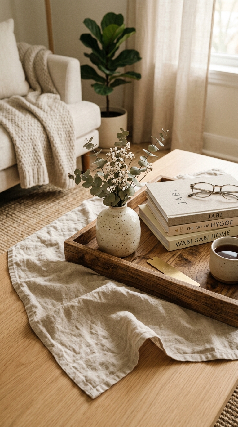 Linen fabric layer under wooden tray on Japandi coffee table adding warmth and texture