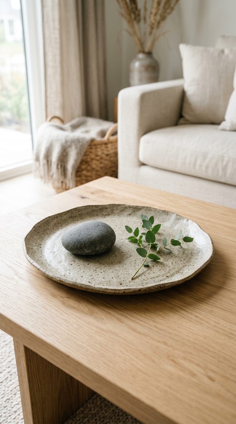 All-beige monochrome Japandi coffee table styling with cream tray linen ceramic and dried stem