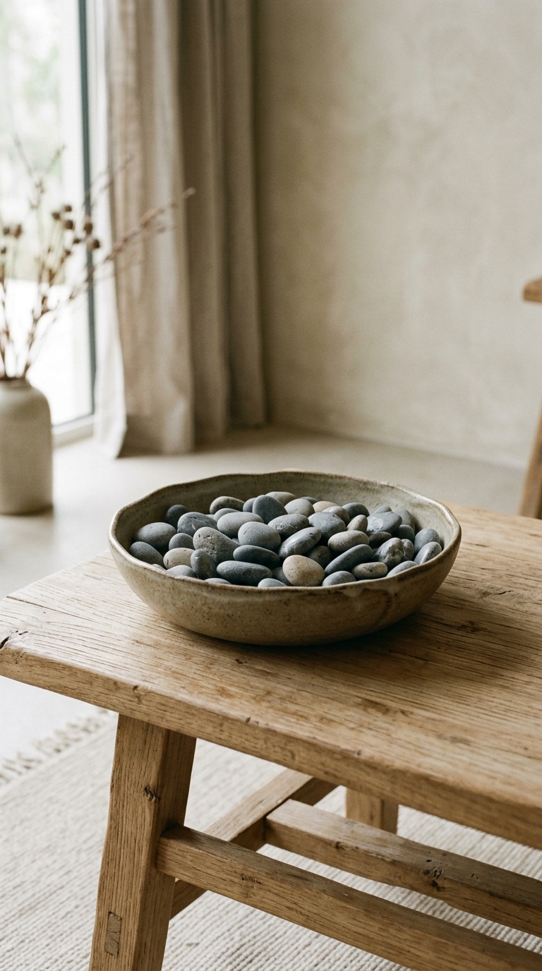 Shallow ceramic bowl with smooth river pebbles on Japandi coffee table zen minimal decor