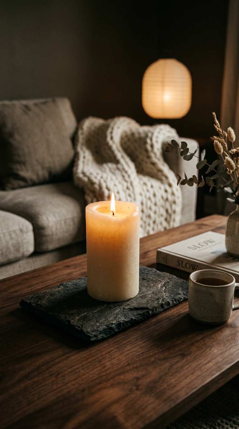 Ivory pillar candle on dark slate slab Japandi coffee table moody minimal styling