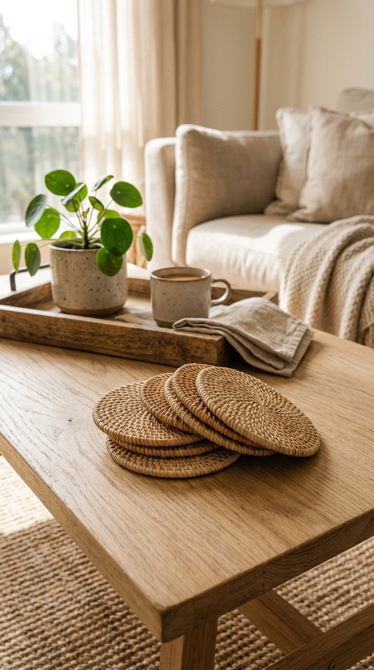 Woven rattan coasters displayed on a Japandi coffee table as a decorative natural texture element