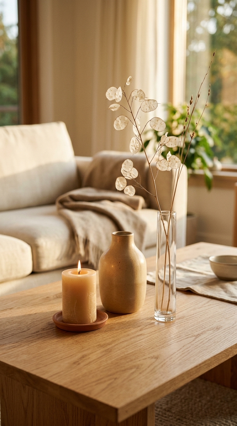 Japandi coffee table decor with rule of three grouping — candle, ceramic vase, and dried stem