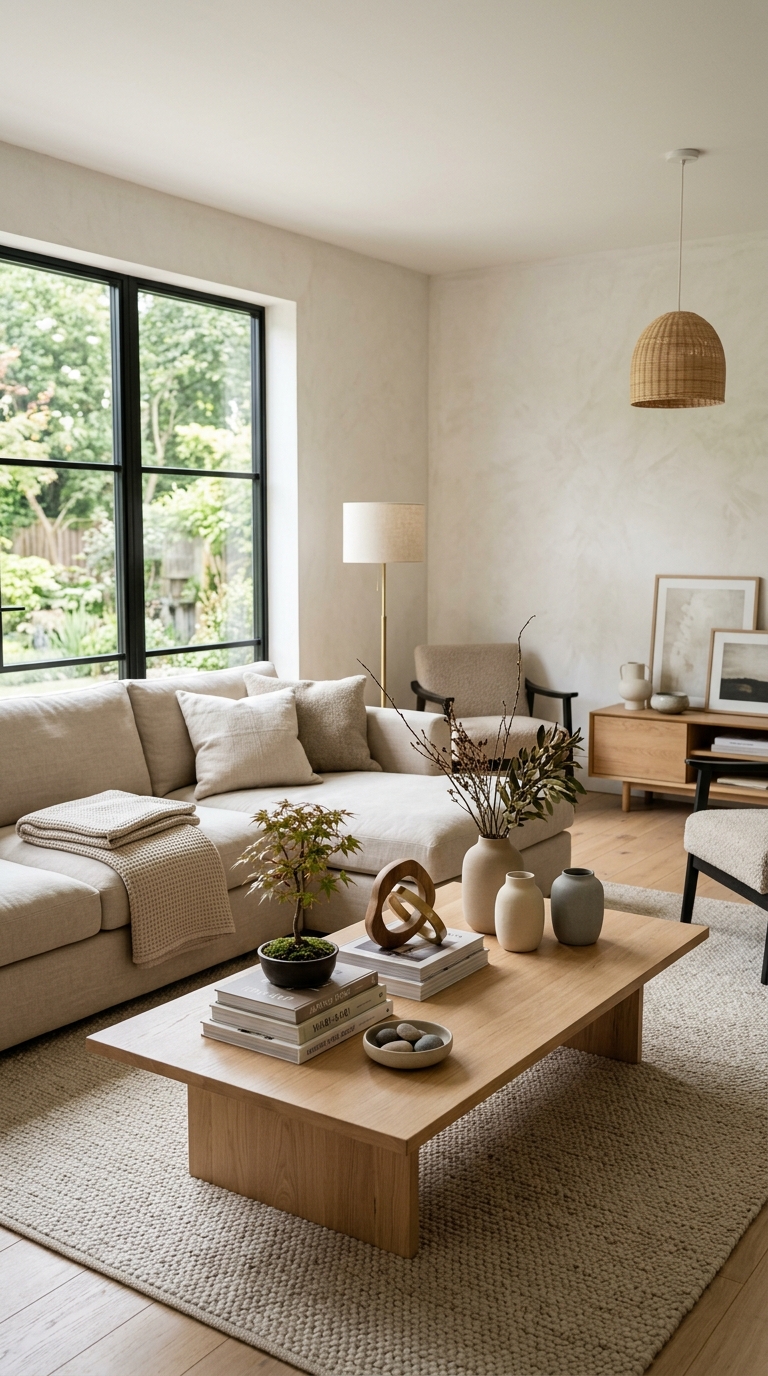 Japandi coffee table styling ideas in a luxury living room