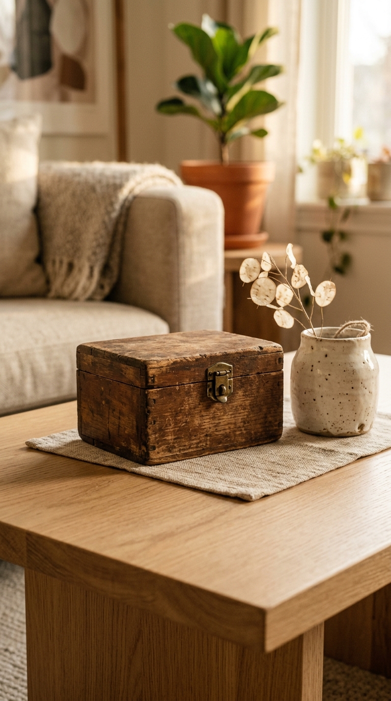 Aged wooden box and imperfect ceramic on Japandi coffee table showing wabi-sabi beauty in decor