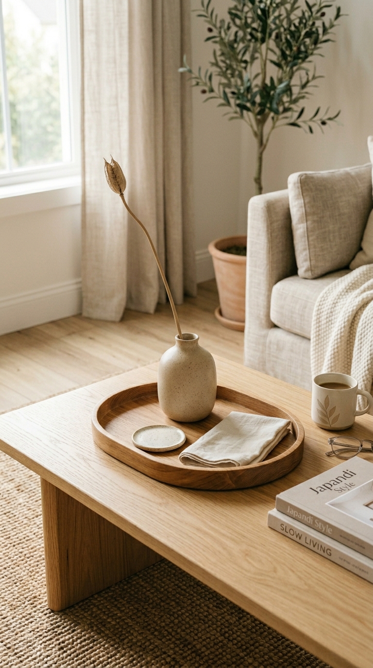 Japandi coffee table styled with a flat wooden tray, ceramic vase, and dried stem in neutral tones