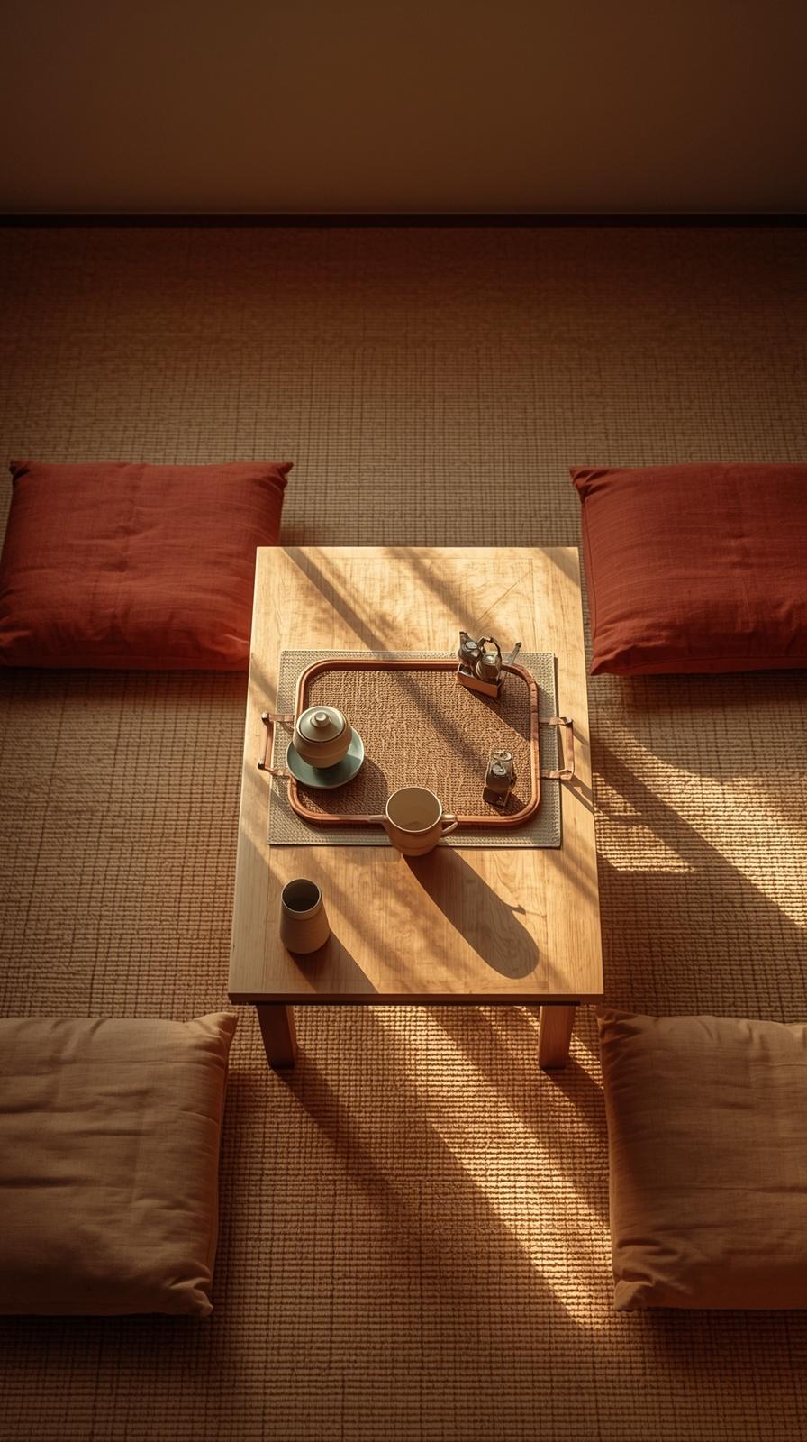 Japandi floor-level breakfast nook with low wood table and linen cushions in a calm zen-inspired space