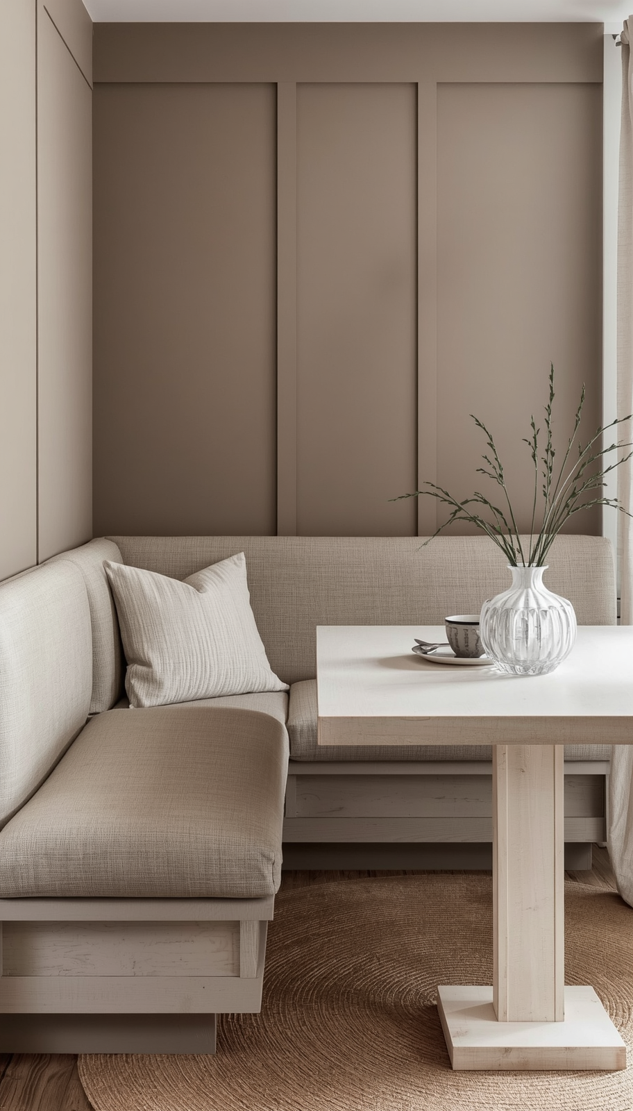 tonal greige Japandi breakfast nook with layered textures in warm neutral tones