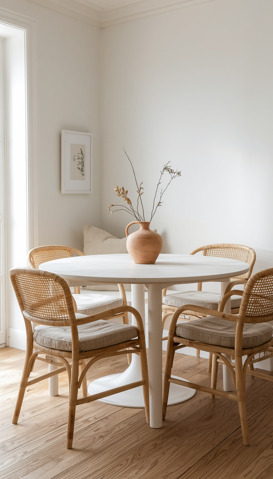 Japandi breakfast nook with rattan chairs and white oak table in a bright minimal space