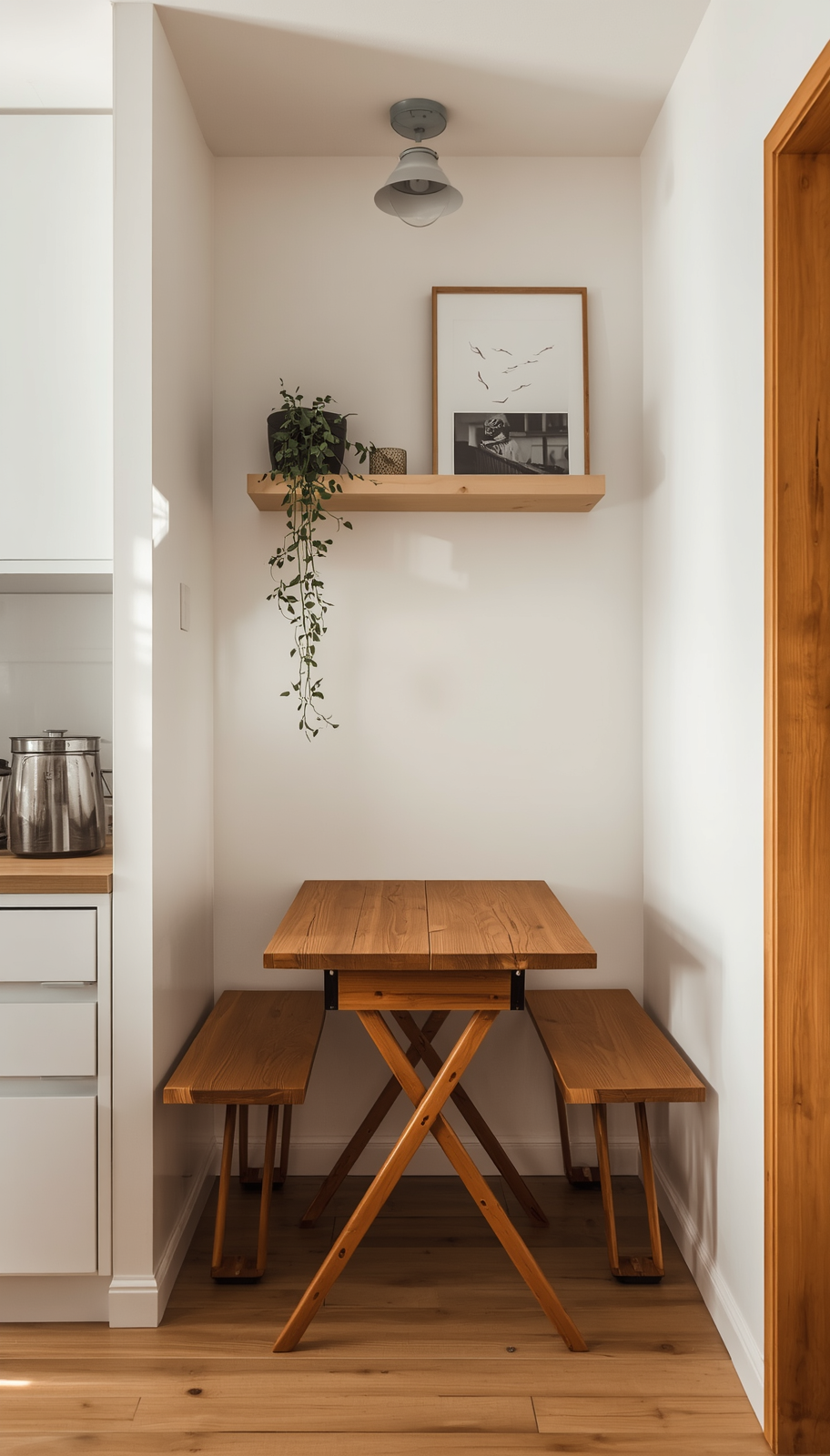 Small space Japandi breakfast nook with fold-down wood table and floating shelf in compact kitchen