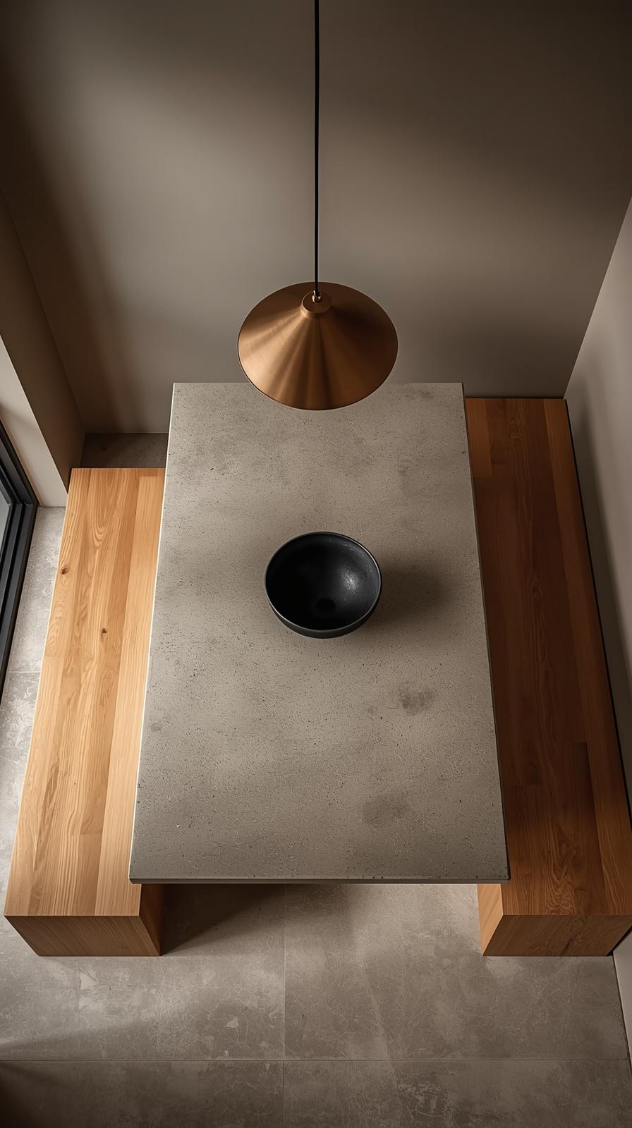 Japandi breakfast nook with matte stone table and warm wood bench in grounded neutral tones