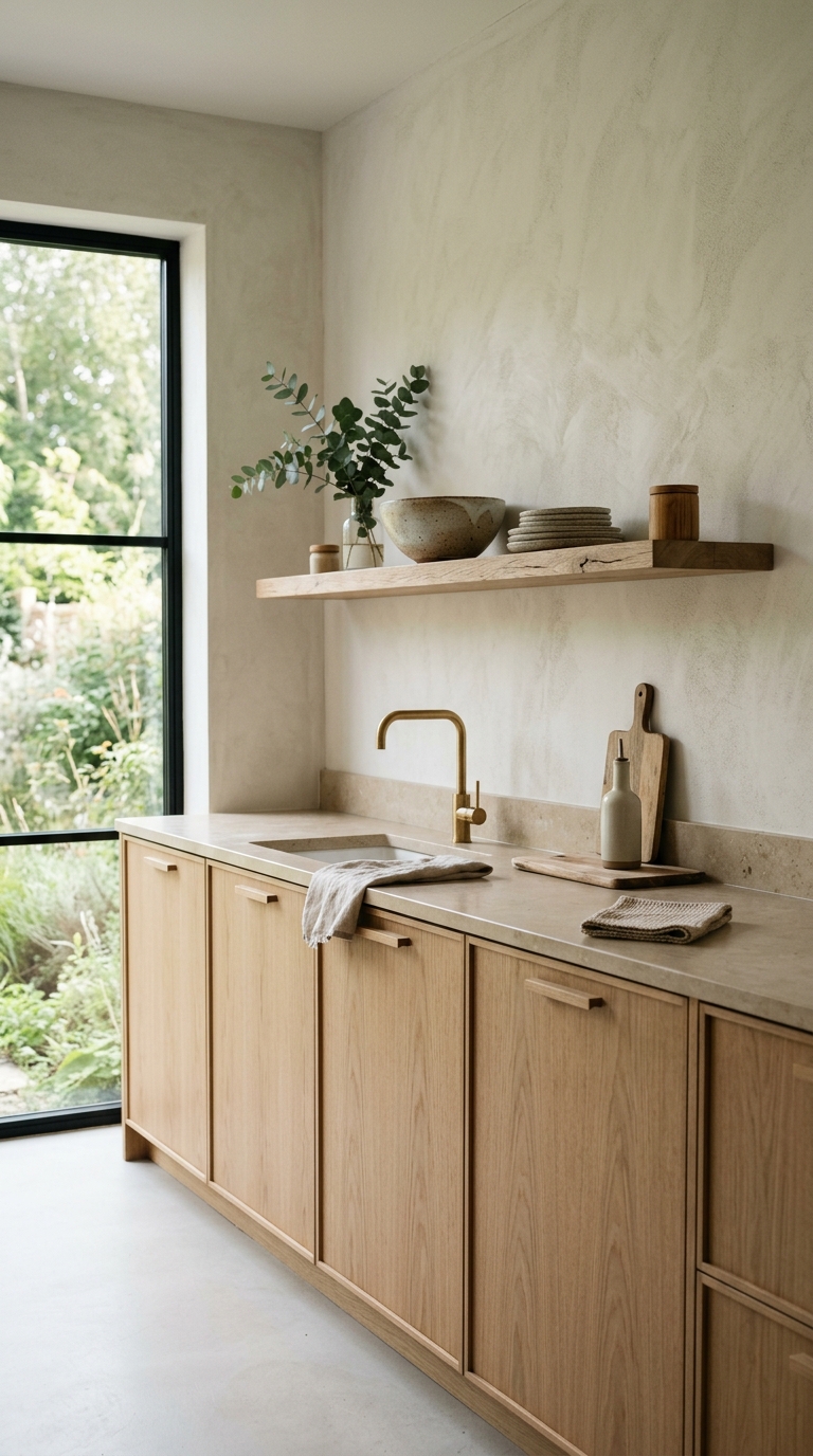 Japandi style white oak kitchen with natural matte finish cabinets, stone countertop, and minimalist open shelf styling
