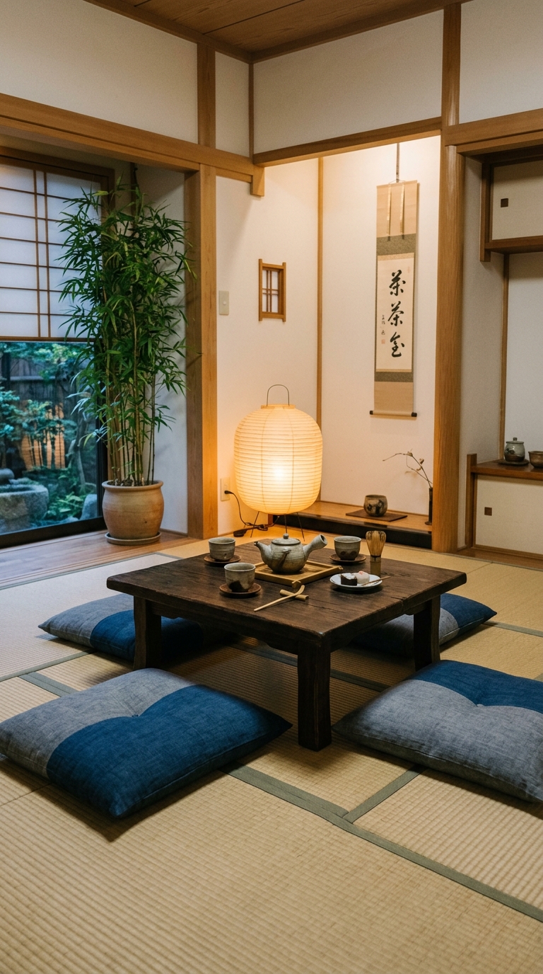 Japanese tatami mat floor seating setup in a minimalist living room with a low table and a paper lantern