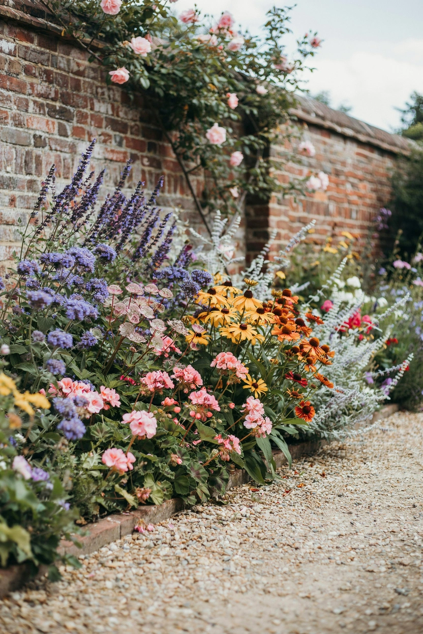 Jekyll-inspired color drift herbaceous cottage border moving from cool blues and purples through warm pinks to golden yellows