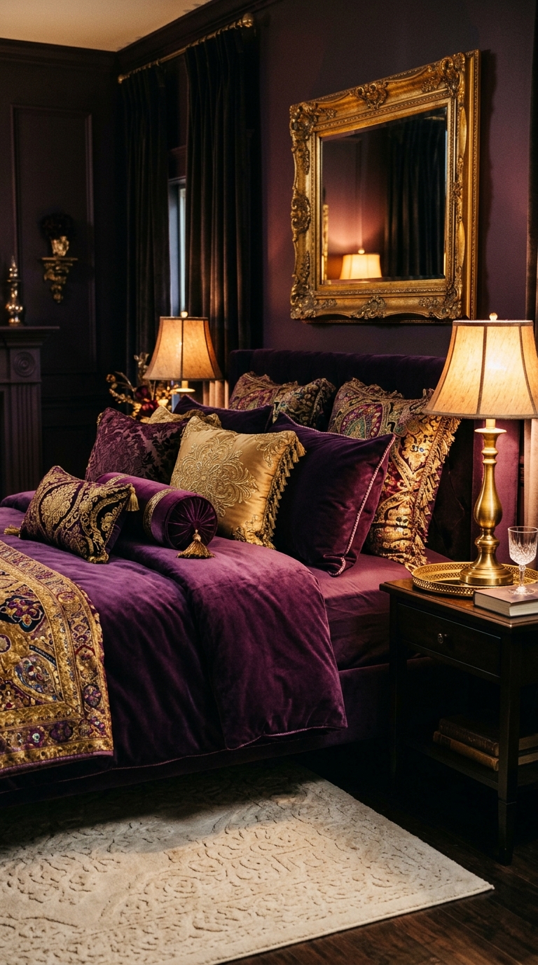 Jewel-tone purple bedroom with gold accents and velvet bedding for a luxury maximalist look