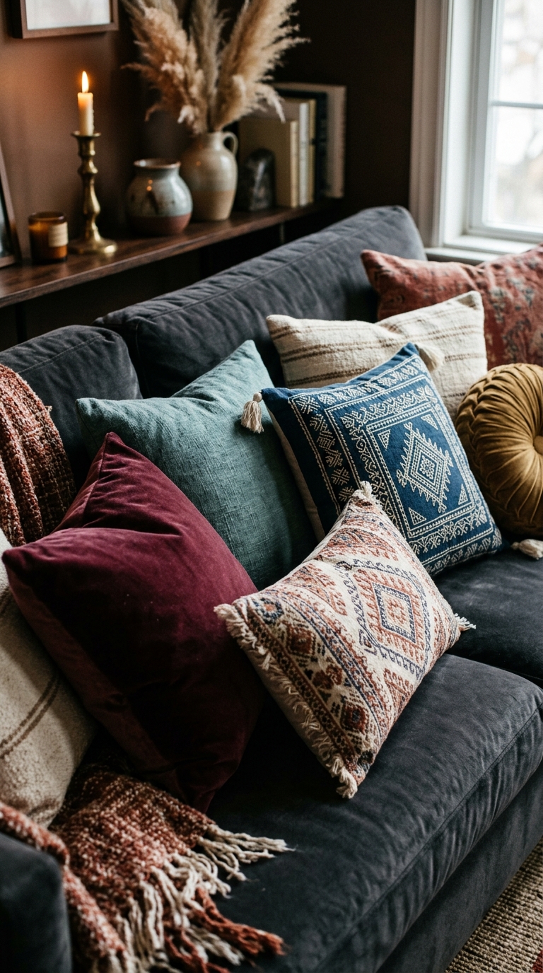 Jewel tone throw pillows in burgundy, teal, and indigo piled on dark sofa in boho living room