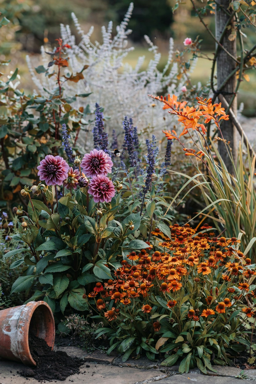 Bold jewel-toned herbaceous cottage border with deep purple dahlias, orange crocosmia, and bronze helenium in dramatic summer planting