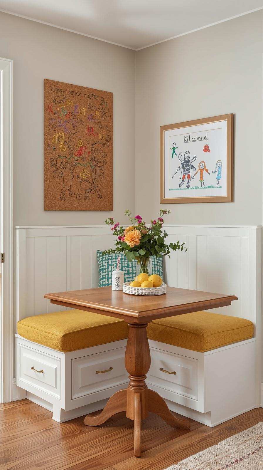 Kid-friendly small breakfast nook with mustard cushion, corkboard art wall, and bench storage