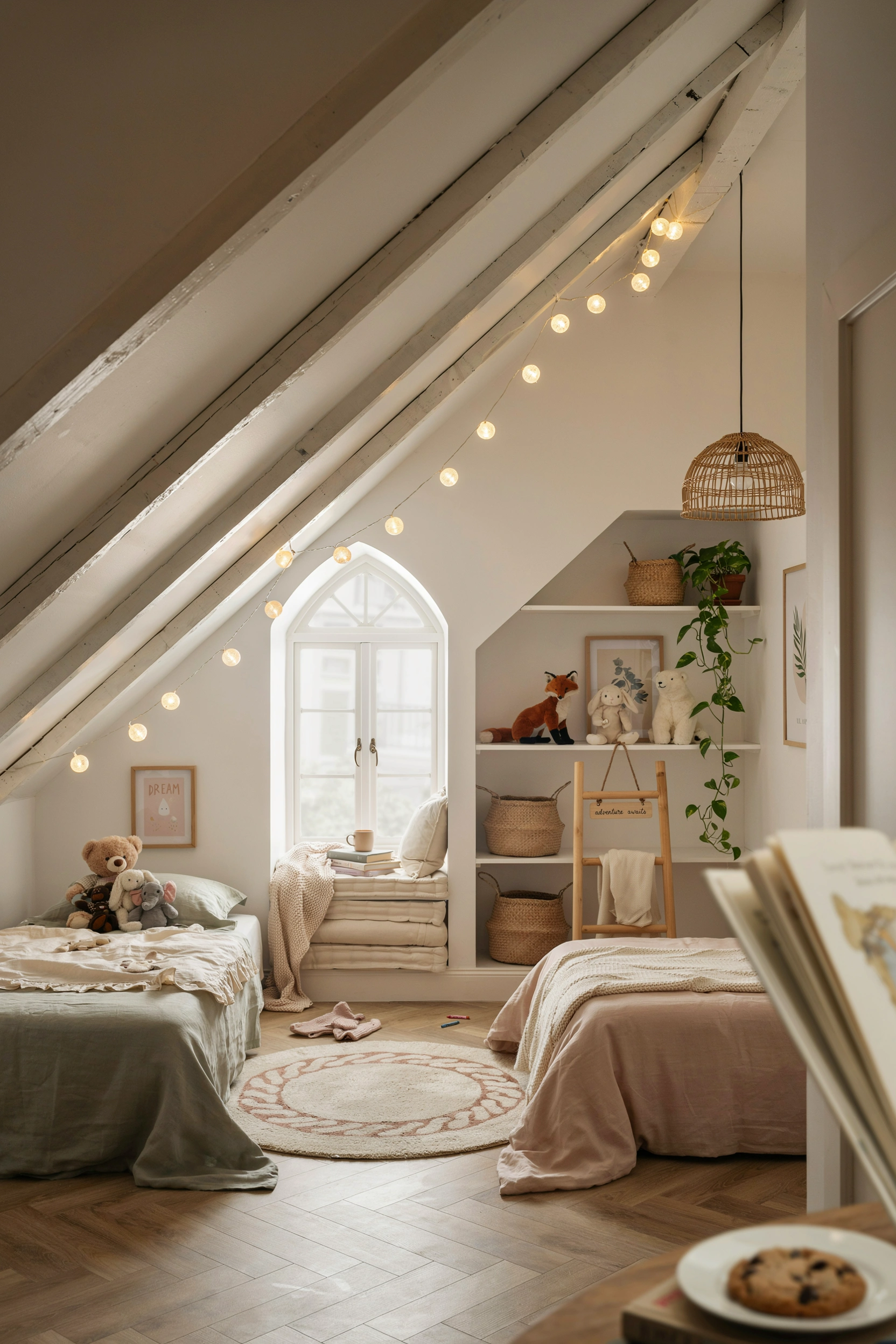 Cozy kids attic bedroom with sloped ceilings and creative space-saving decor ideas