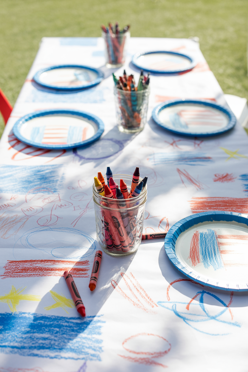 Kids' 4th of July party table with white butcher paper tablecloth and crayons for coloring activity and decor