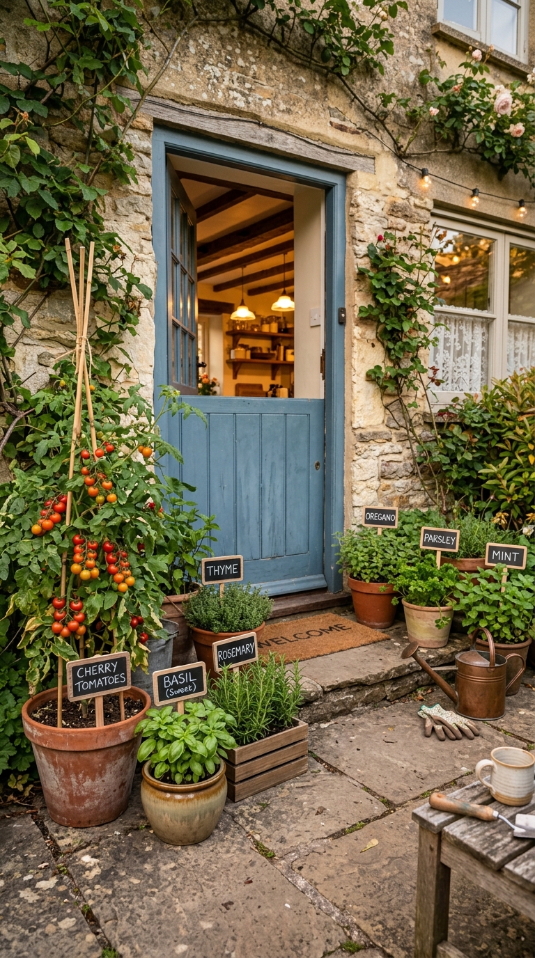 Kitchen-door potager garden layout near the back entrance