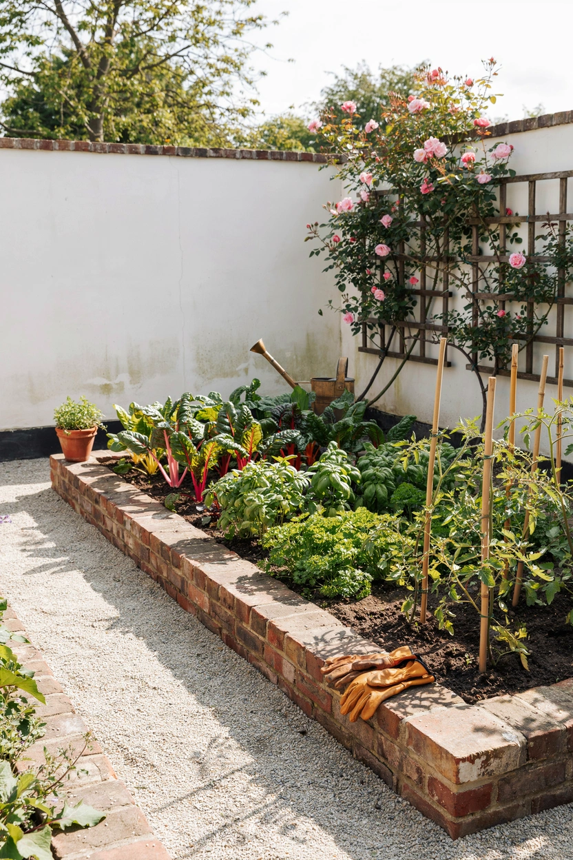 Neat brick-edged kitchen garden raised beds with rows of vegetables, classic walled garden aesthetic with clean border design