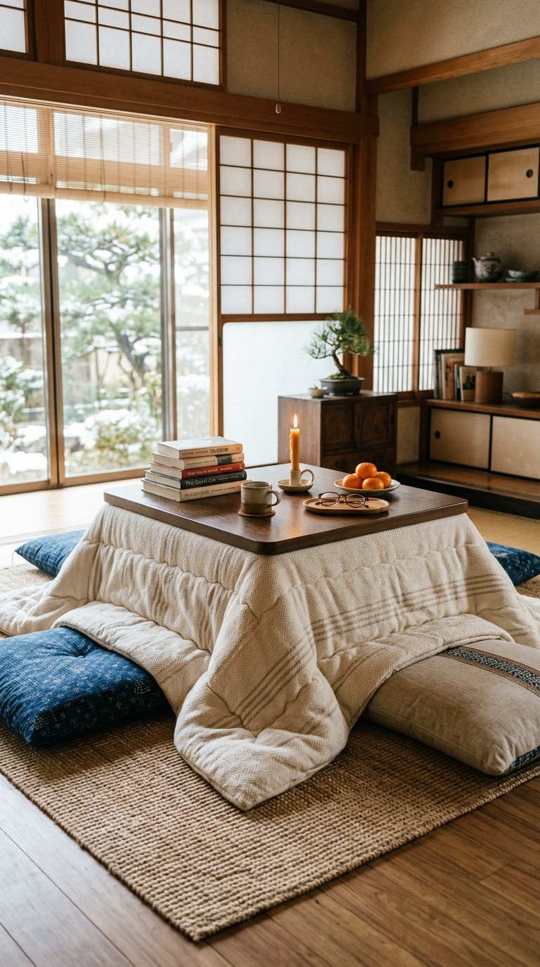 Japanese kotatsu table floor seating setup with draped quilt, zabuton mats, and warm cozy winter atmosphere