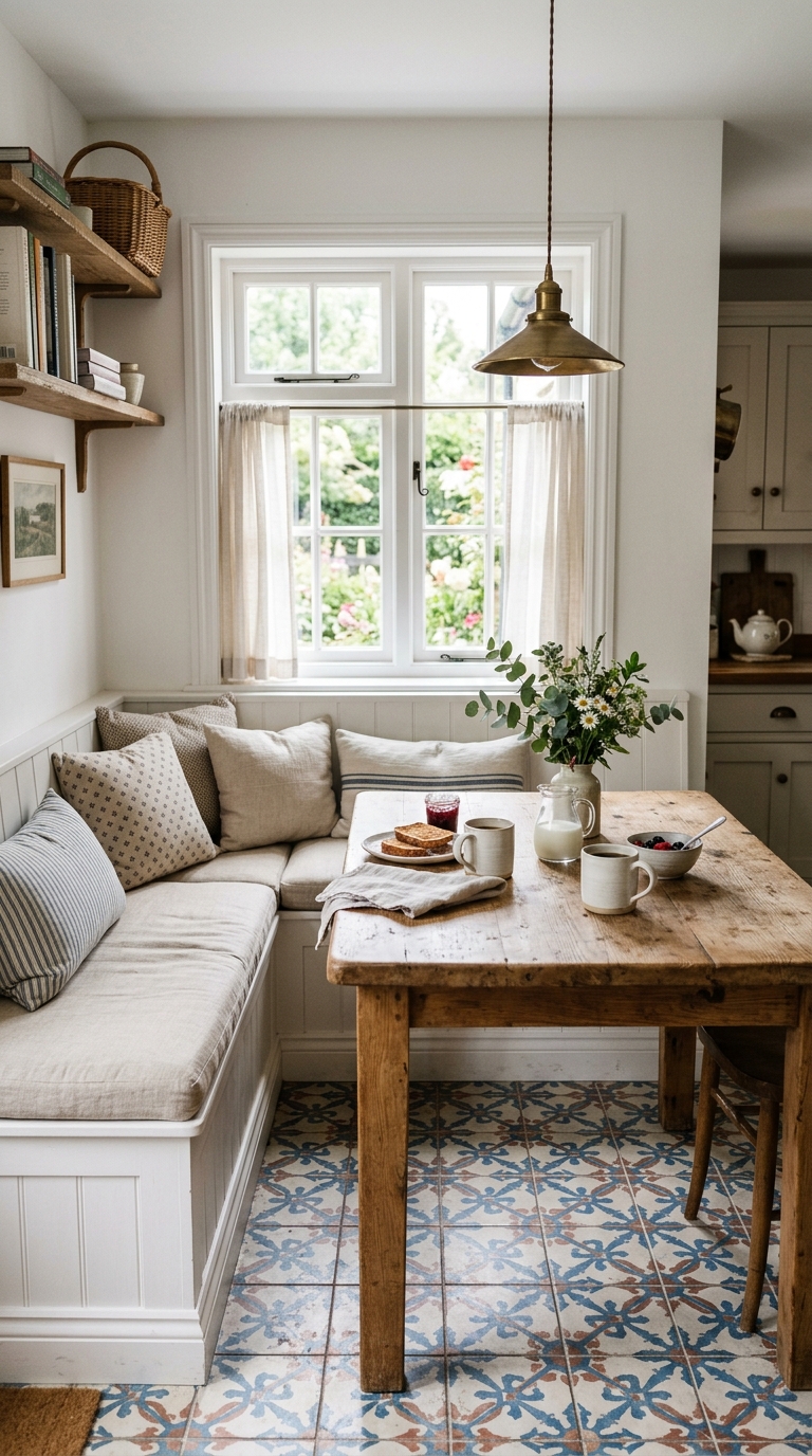 Built-in L-shaped bench cottage breakfast nook with chunky wood table and patterned tile floor
