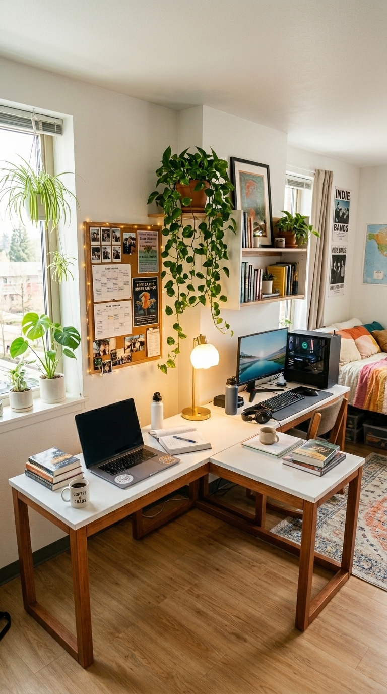 L-shaped desk setup in shared dorm room for two students with natural light and plant decor
